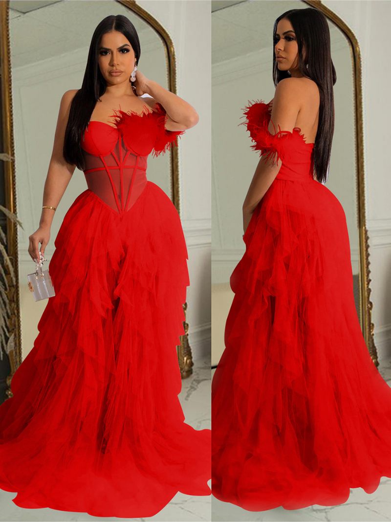 Robe Tulle Superposée Pour Femmes Asymétrique Épaule Dénudée Corset Garniture Plumes Dos Nu Robes Maxi Sexy - Rouge