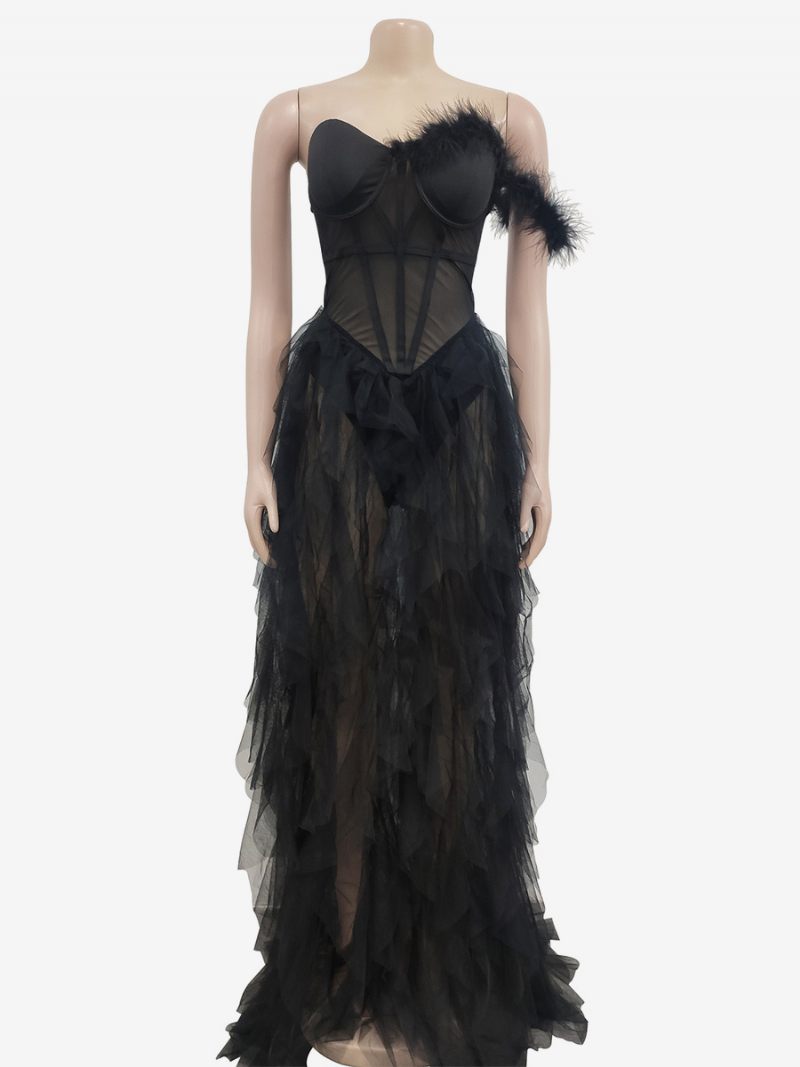 Robe Tulle Superposée Pour Femmes Asymétrique Épaule Dénudée Corset Garniture Plumes Dos Nu Robes Maxi Sexy - Noir