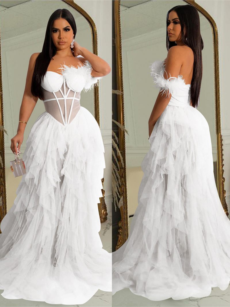 Robe Tulle Superposée Pour Femmes Asymétrique Épaule Dénudée Corset Garniture Plumes Dos Nu Robes Maxi Sexy - Blanc