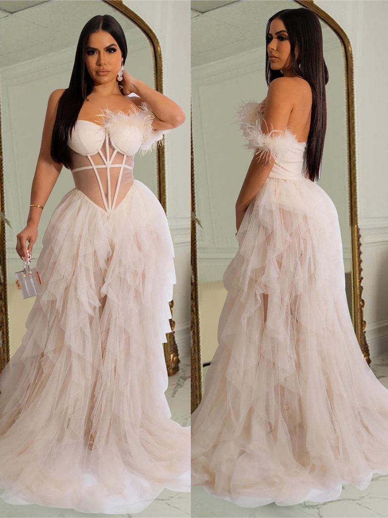 Robe Tulle Superposée Pour Femmes Asymétrique Épaule Dénudée Corset Garniture Plumes Dos Nu Robes Maxi Sexy - Rose Tendre