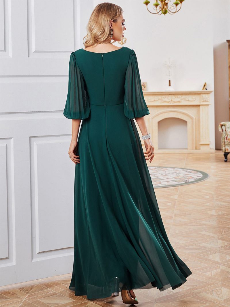 Robe Vert Foncé Pour Femmes Mousseline Soie Demi-manches Taille Empire Robes Bal Maxi - Vert Foncé