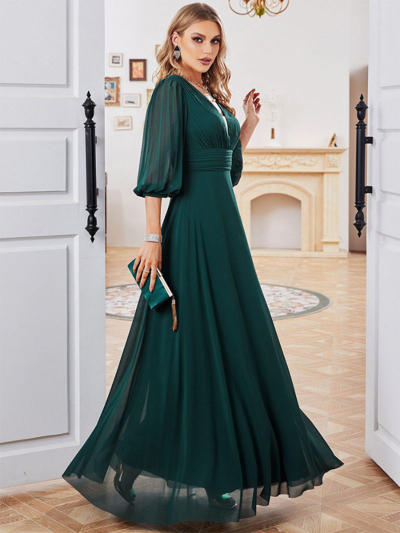 Robe Vert Foncé Pour Femmes Mousseline Soie Demi-manches Taille Empire Robes Bal Maxi - Vert Foncé