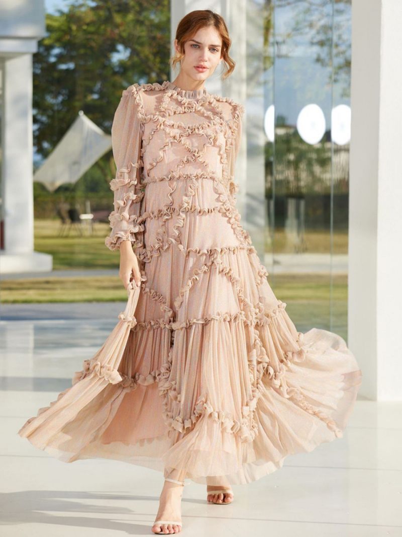 Robe À Volants Pour Femmes Illusion Manches Longues Col Haut Robes Soirée Maxi Tulle - Rose