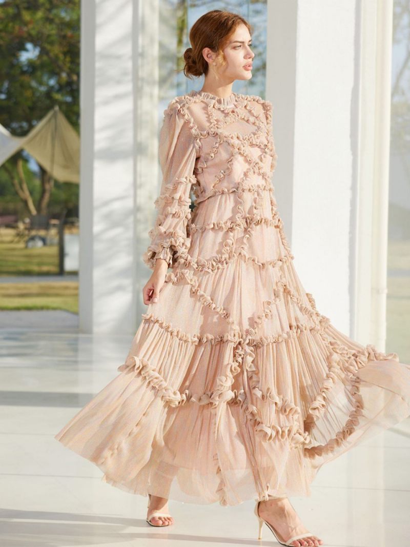 Robe À Volants Pour Femmes Illusion Manches Longues Col Haut Robes Soirée Maxi Tulle - Rose