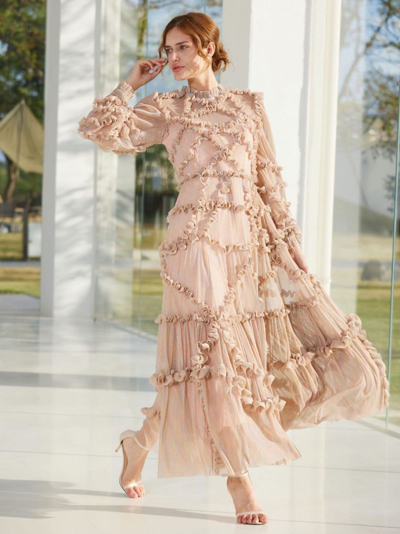 Robe À Volants Pour Femmes Illusion Manches Longues Col Haut Robes Soirée Maxi Tulle - Rose