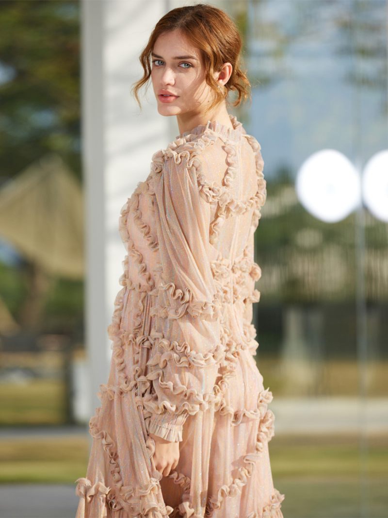 Robe À Volants Pour Femmes Illusion Manches Longues Col Haut Robes Soirée Maxi Tulle - Rose