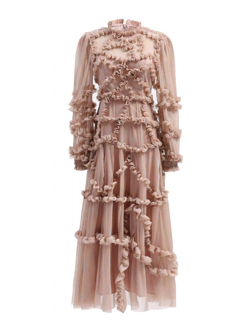 Robe À Volants Pour Femmes Illusion Manches Longues Col Haut Robes Soirée Maxi Tulle - Rose