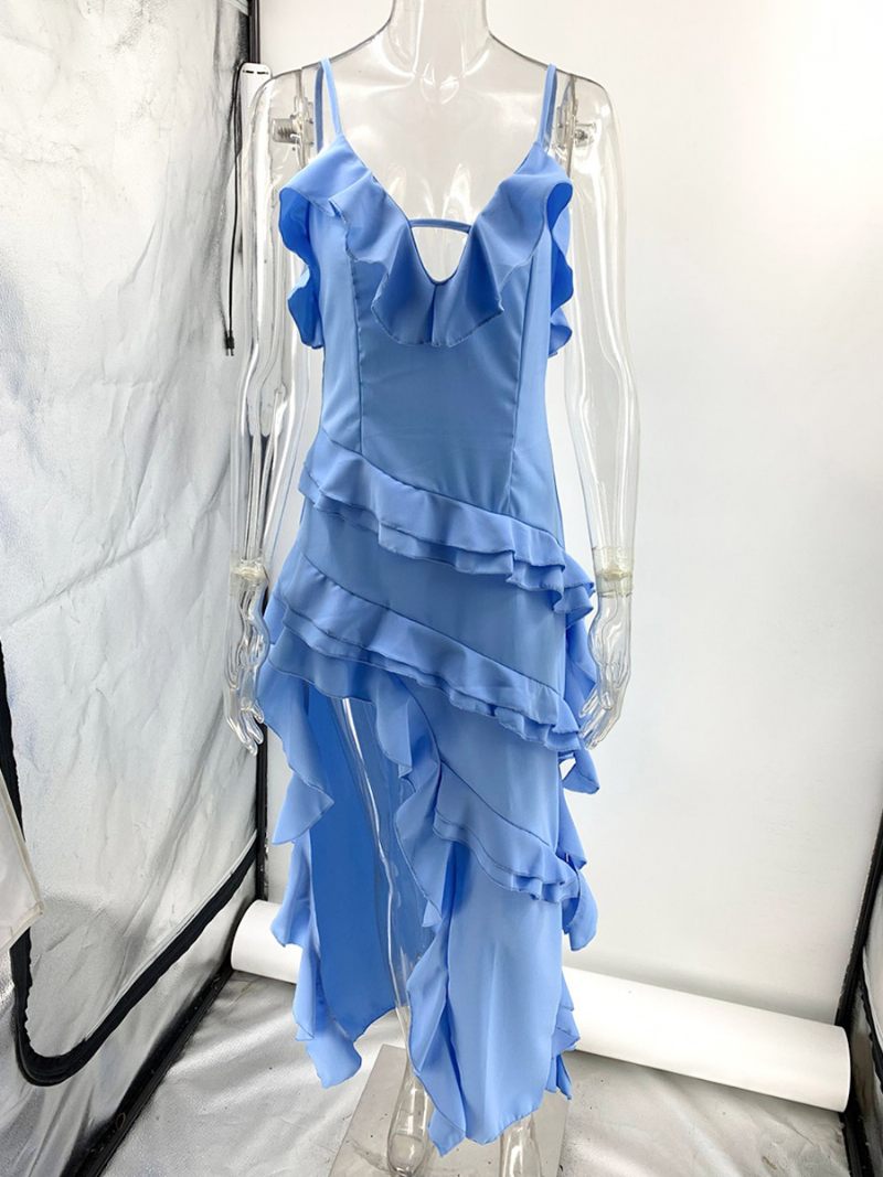 Robe À Volants Irréguliers Bleu Ciel Clair Pour Femmes Robes Longues Hautes Et Basses Découpées - Bleu Ciel Clair