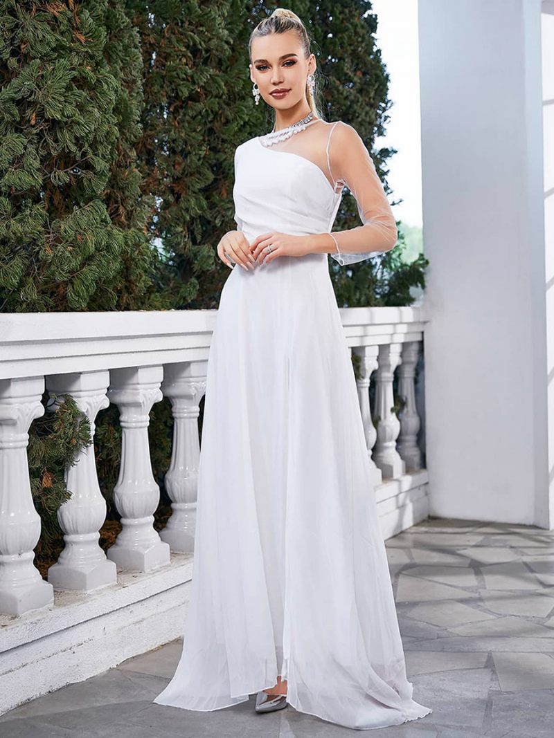 Robes Bal Asymétriques Pour Femmes Robe Longue Cocktail À Manches Longues Blanc - Blanc