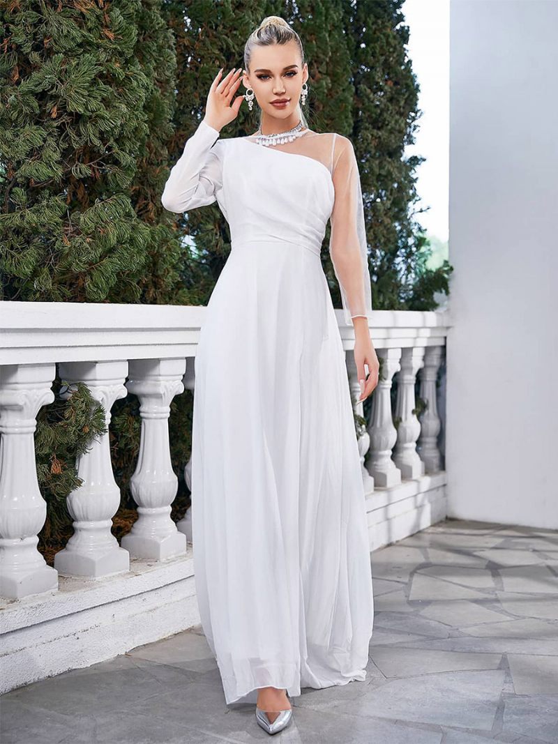 Robes Bal Asymétriques Pour Femmes Robe Longue Cocktail À Manches Longues Blanc - Blanc