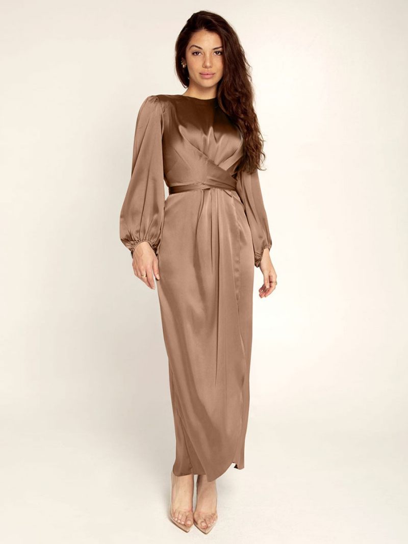 Robes Bal Pour Femmes Col Bijou Plissé Tache Robe Longue Semi-formelle - Marron Café