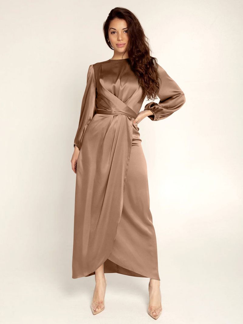 Robes Bal Pour Femmes Col Bijou Plissé Tache Robe Longue Semi-formelle - Marron Café