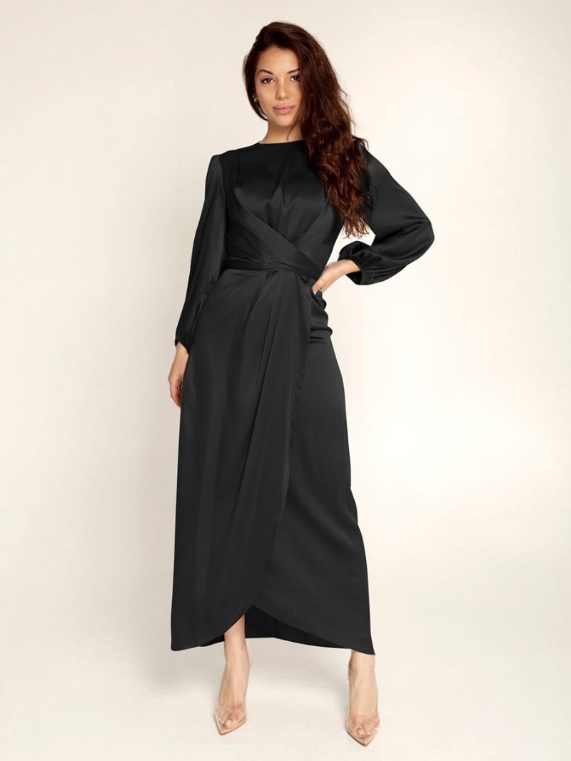 Robes Bal Pour Femmes Col Bijou Plissé Tache Robe Longue Semi-formelle - Noir