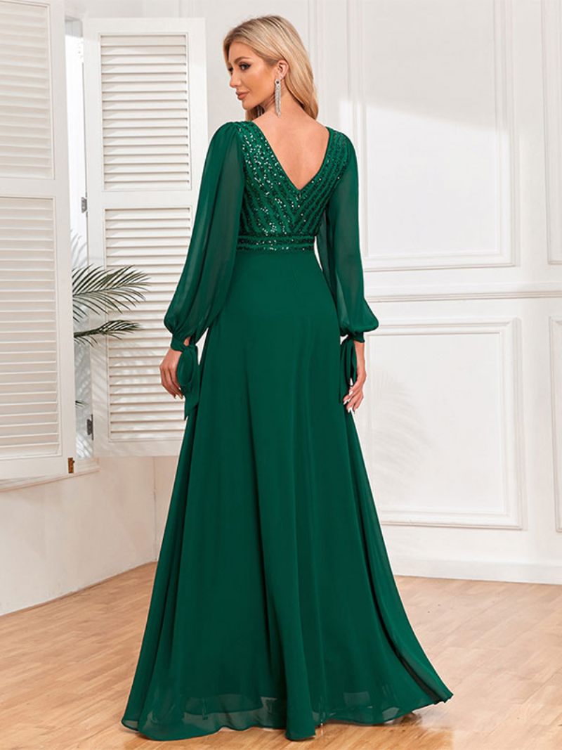 Robes Bal Pour Femmes Col V Manches Longues Corsage À Paillettes Robe Longue Trapèze - Vert