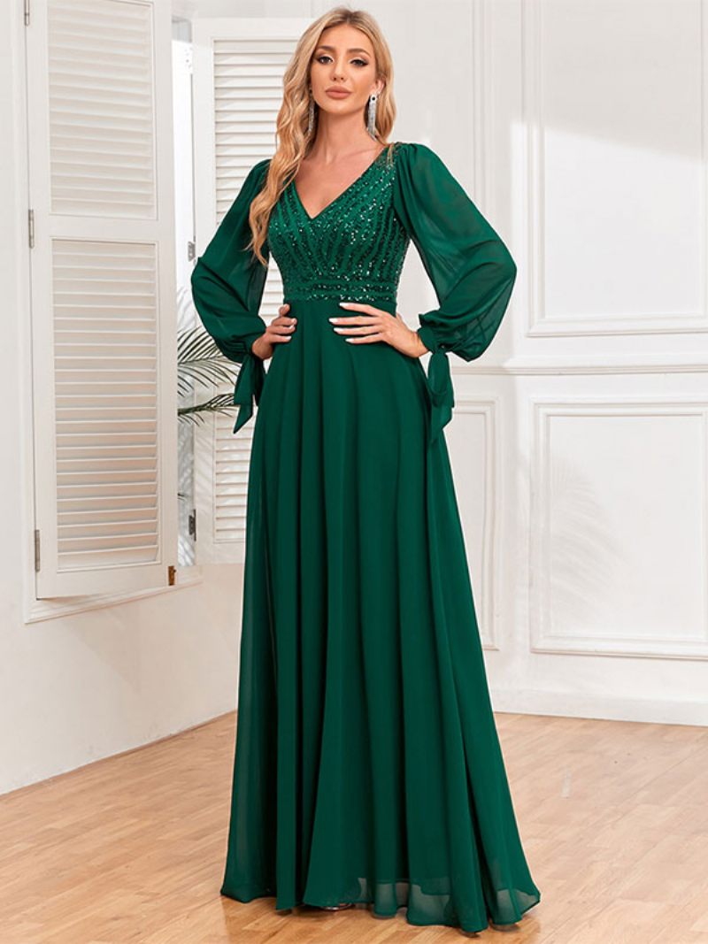 Robes Bal Pour Femmes Col V Manches Longues Corsage À Paillettes Robe Longue Trapèze - Vert