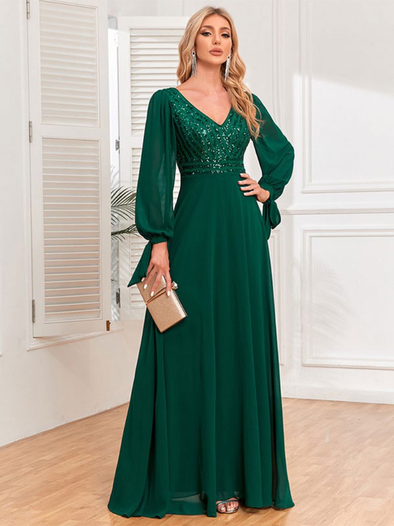 Robes Bal Pour Femmes Col V Manches Longues Corsage À Paillettes Robe Longue Trapèze - Vert