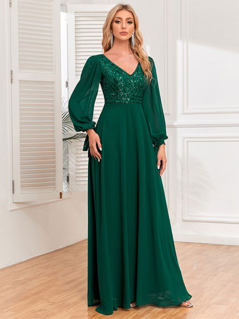 Robes Bal Pour Femmes Col V Manches Longues Corsage À Paillettes Robe Longue Trapèze - Vert