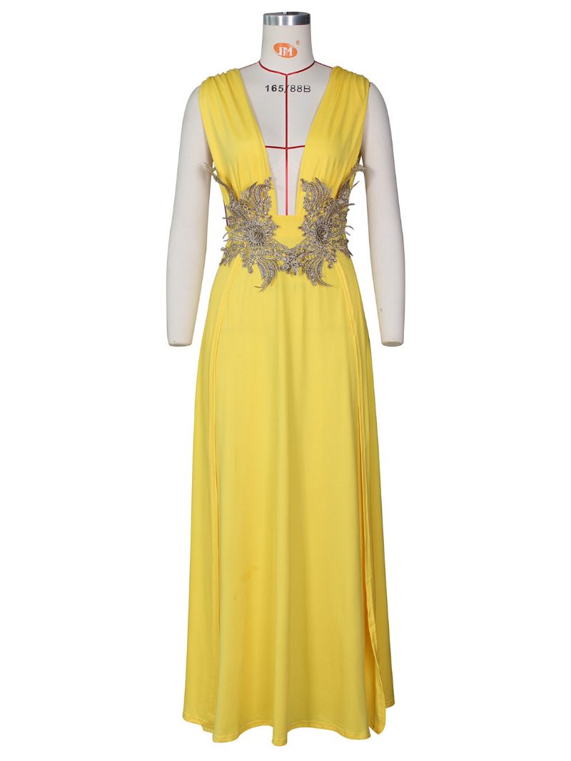 Robes Bal Pour Femmes Col V Robe Longue Brodée Semi-formelle Fente Haute - Jaune