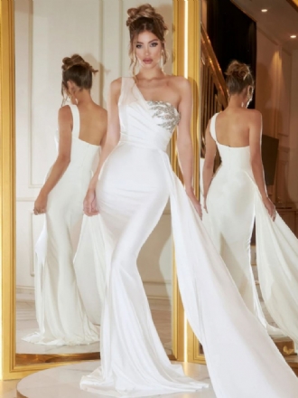 Robes Bal Fête D'anniversaire Pour Femmes Robe Longue Blanche Asymétrique Épaule Dénudée Sans Manches