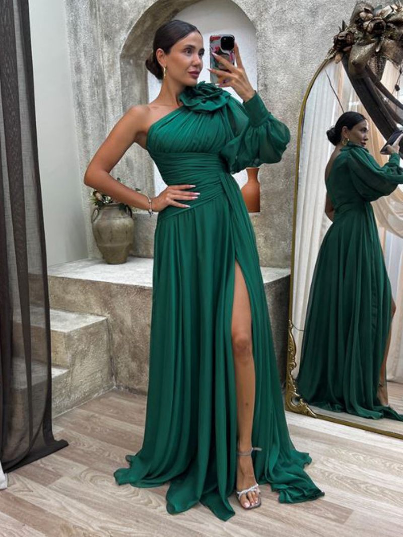 Robes Bal Maxi Pour Femmes Robe Cocktail Plissée À Une Épaule Fente Haute Couleur Unie - Vert