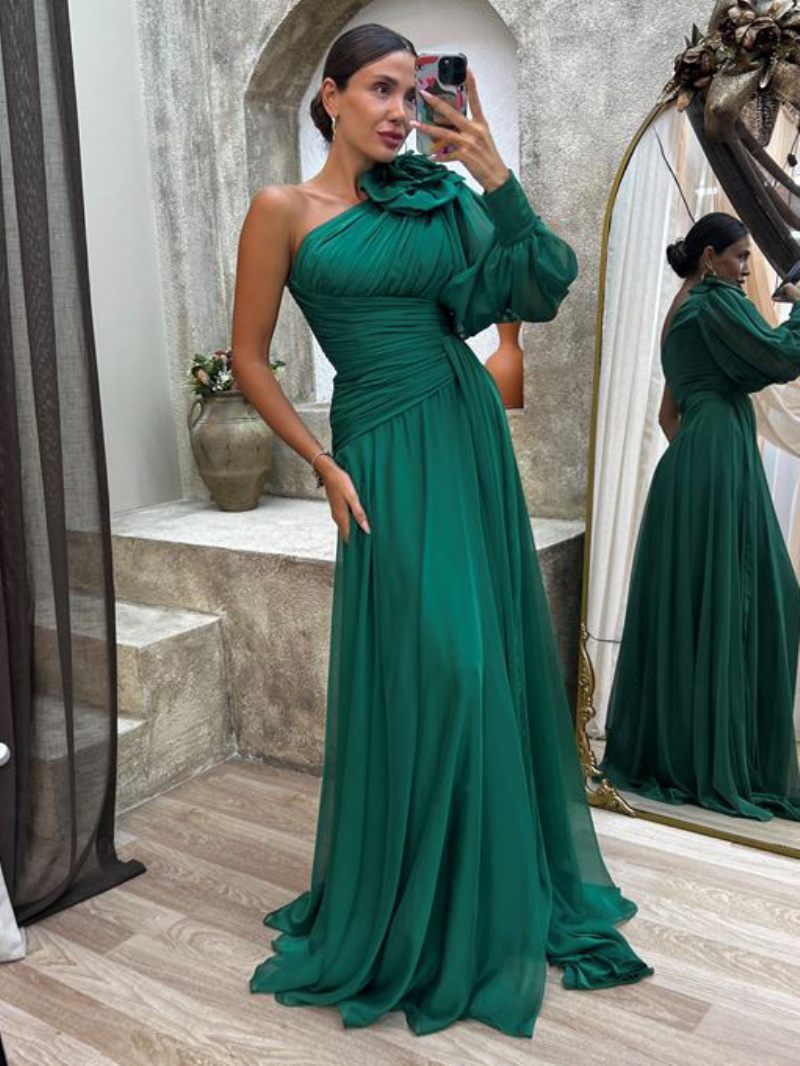 Robes Bal Maxi Pour Femmes Robe Cocktail Plissée À Une Épaule Fente Haute Couleur Unie - Vert