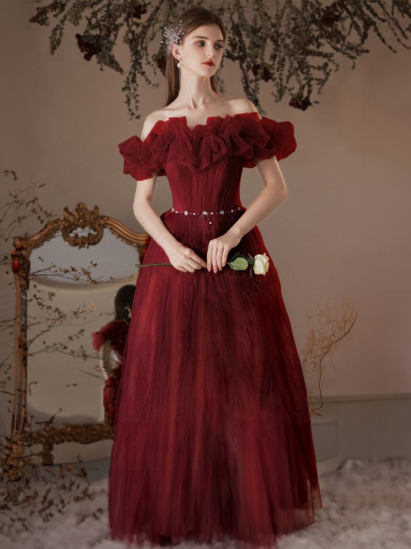 Robes Bal Tulle Pour Femmes Robe Longue Semi-formelle Bordeaux À Épaules Dénudées