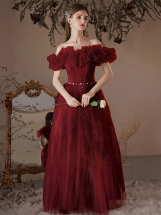 Robes Bal Tulle Pour Femmes Robe Longue Semi-formelle Bordeaux À Épaules Dénudées