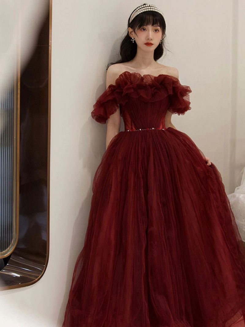 Robes Bal Tulle Pour Femmes Robe Longue Semi-formelle Bordeaux À Épaules Dénudées - Bourgogne