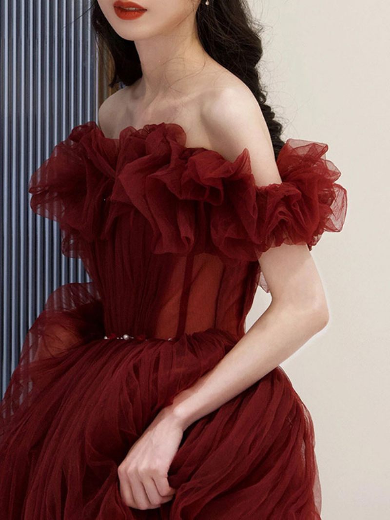 Robes Bal Tulle Pour Femmes Robe Longue Semi-formelle Bordeaux À Épaules Dénudées - Bourgogne