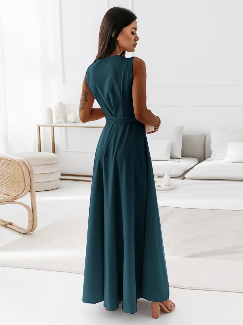 Robes À Col V Pour Femmes Robe Longue Bal Superposée Sans Manches Lacets - Vert