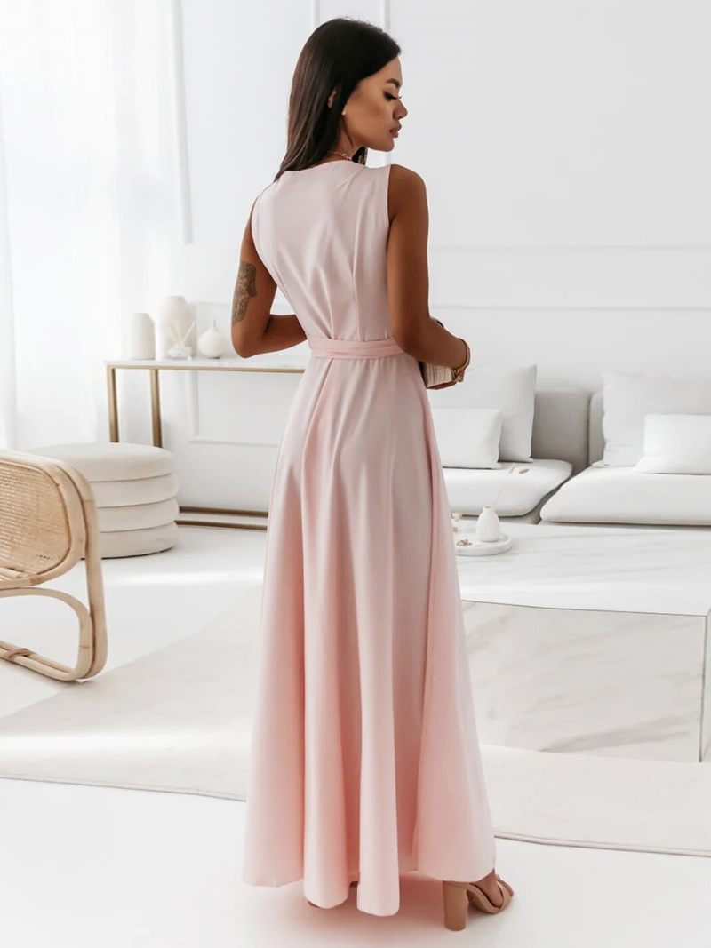 Robes À Col V Pour Femmes Robe Longue Bal Superposée Sans Manches Lacets - Rose