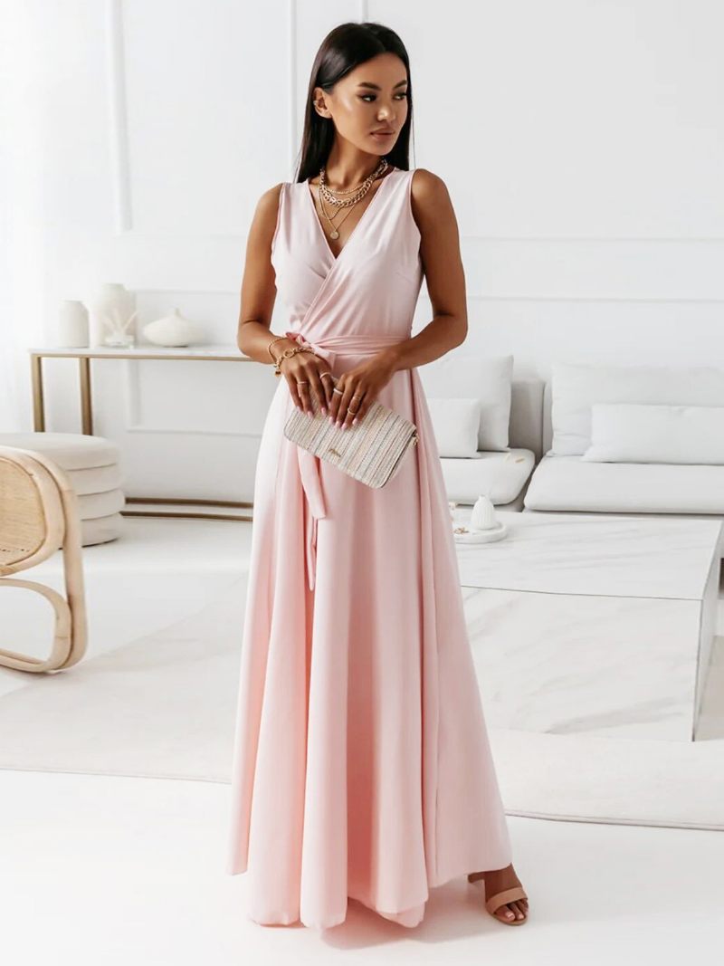 Robes À Col V Pour Femmes Robe Longue Bal Superposée Sans Manches Lacets - Rose