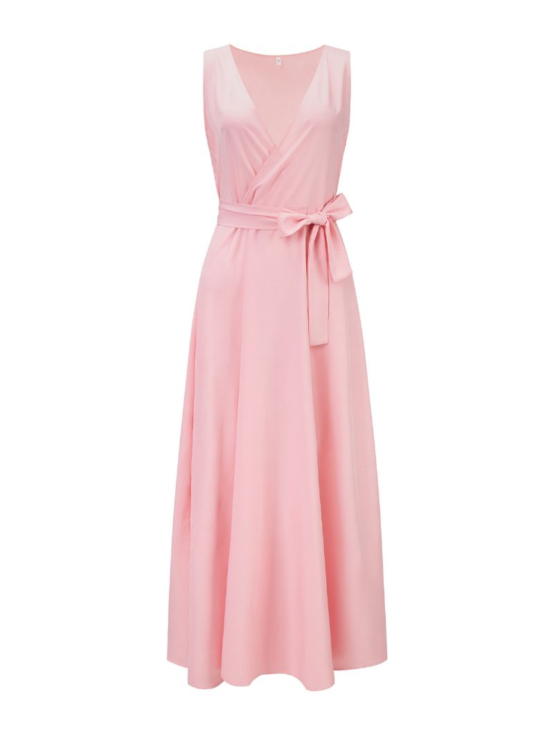 Robes À Col V Pour Femmes Robe Longue Bal Superposée Sans Manches Lacets - Rose