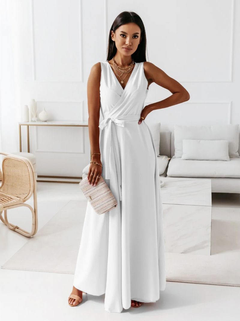 Robes À Col V Pour Femmes Robe Longue Bal Superposée Sans Manches Lacets - Blanc