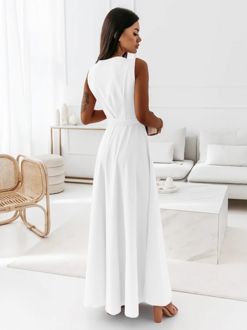 Robes À Col V Pour Femmes Robe Longue Bal Superposée Sans Manches Lacets - Blanc