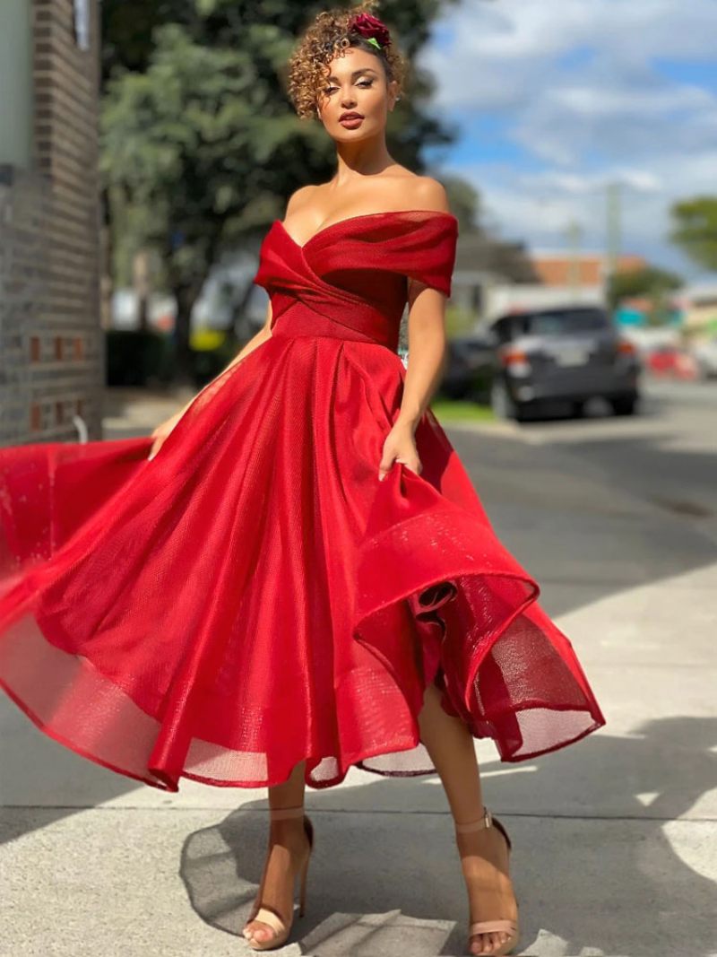 Robes Fête D'anniversaire Pour Femmes Sans Bretelles Épaules Ouvertes Longue Robe Bal - Rouge