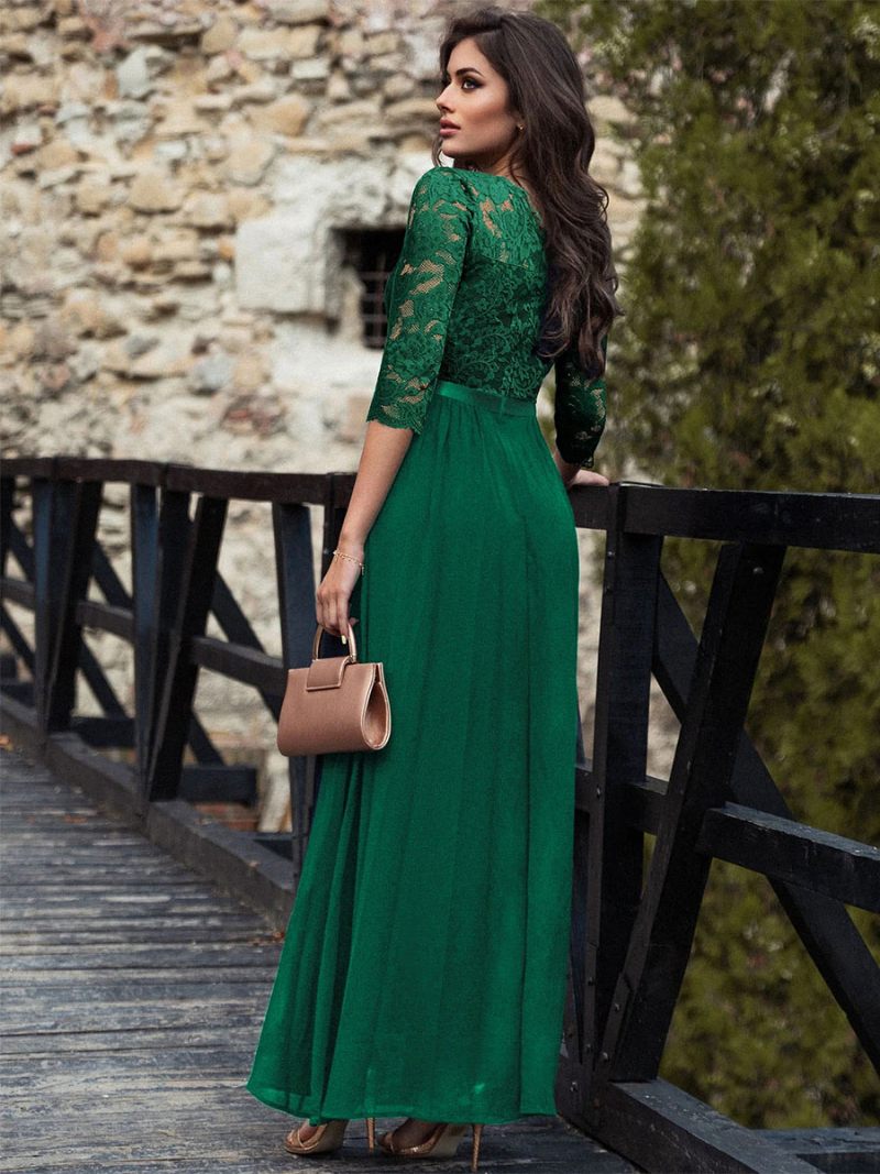 Robes Longues À Col Rond Pour Femmes Corsage Dentelle Robe Bal Trois Quarts Superposée - Vert