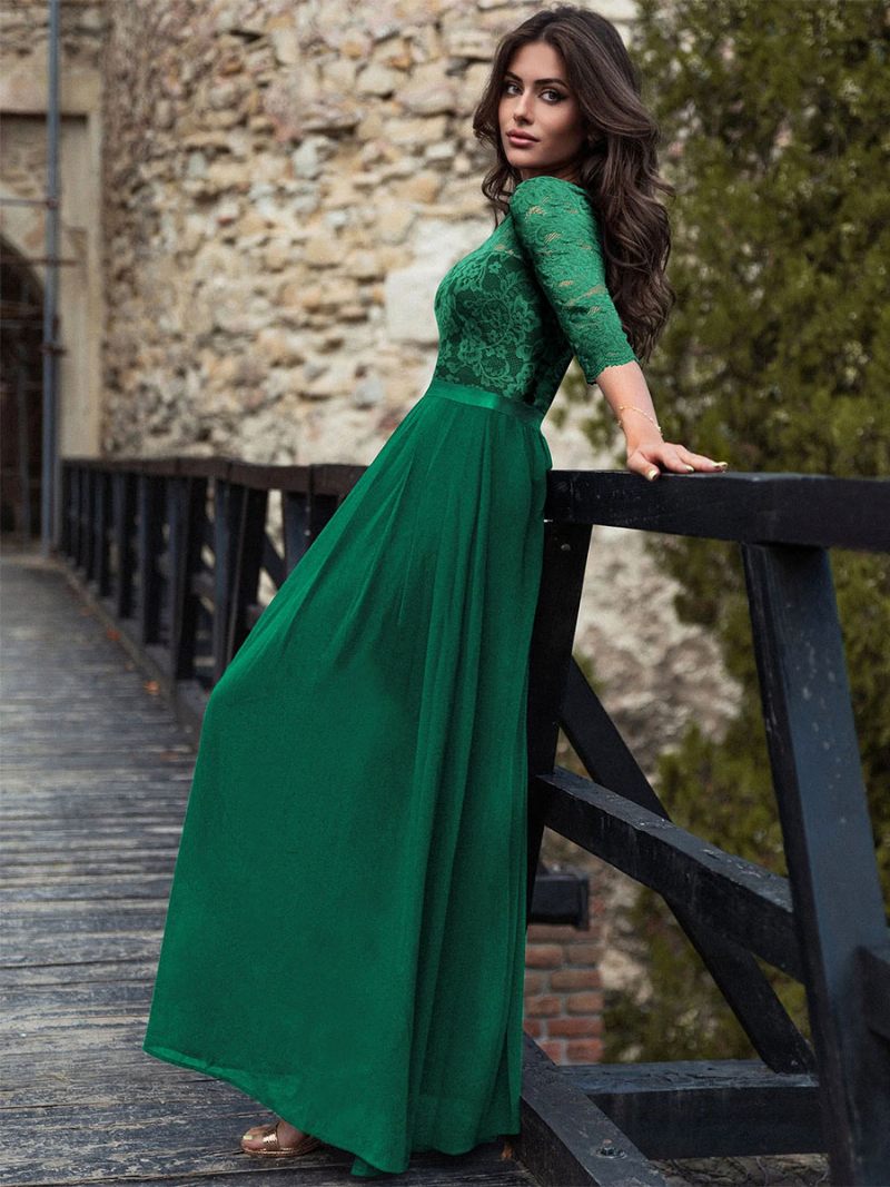 Robes Longues À Col Rond Pour Femmes Corsage Dentelle Robe Bal Trois Quarts Superposée - Vert