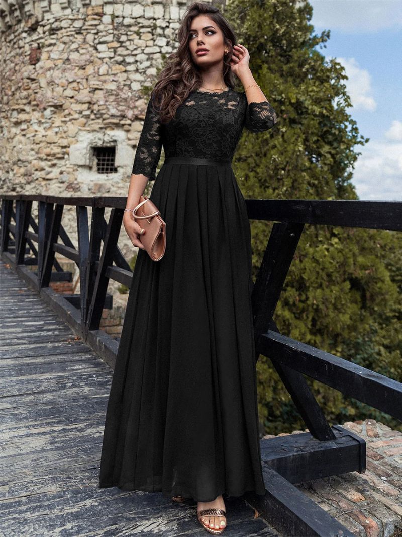 Robes Longues À Col Rond Pour Femmes Corsage Dentelle Robe Bal Trois Quarts Superposée - Noir