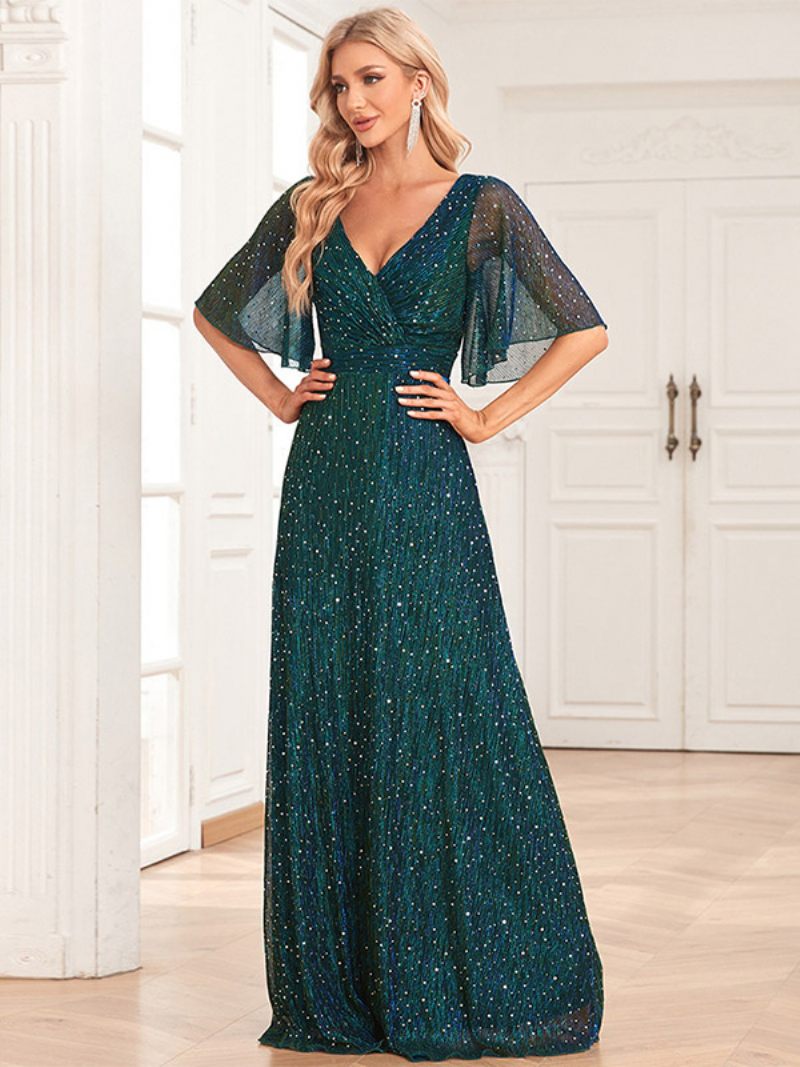 Robes Longues À Paillettes Pour Femmes Col V Dos Nu Robe Bal Promo Trapèze - Vert Foncé