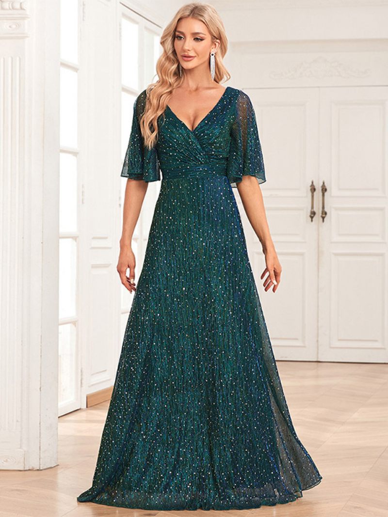 Robes Longues À Paillettes Pour Femmes Col V Dos Nu Robe Bal Promo Trapèze - Vert Foncé