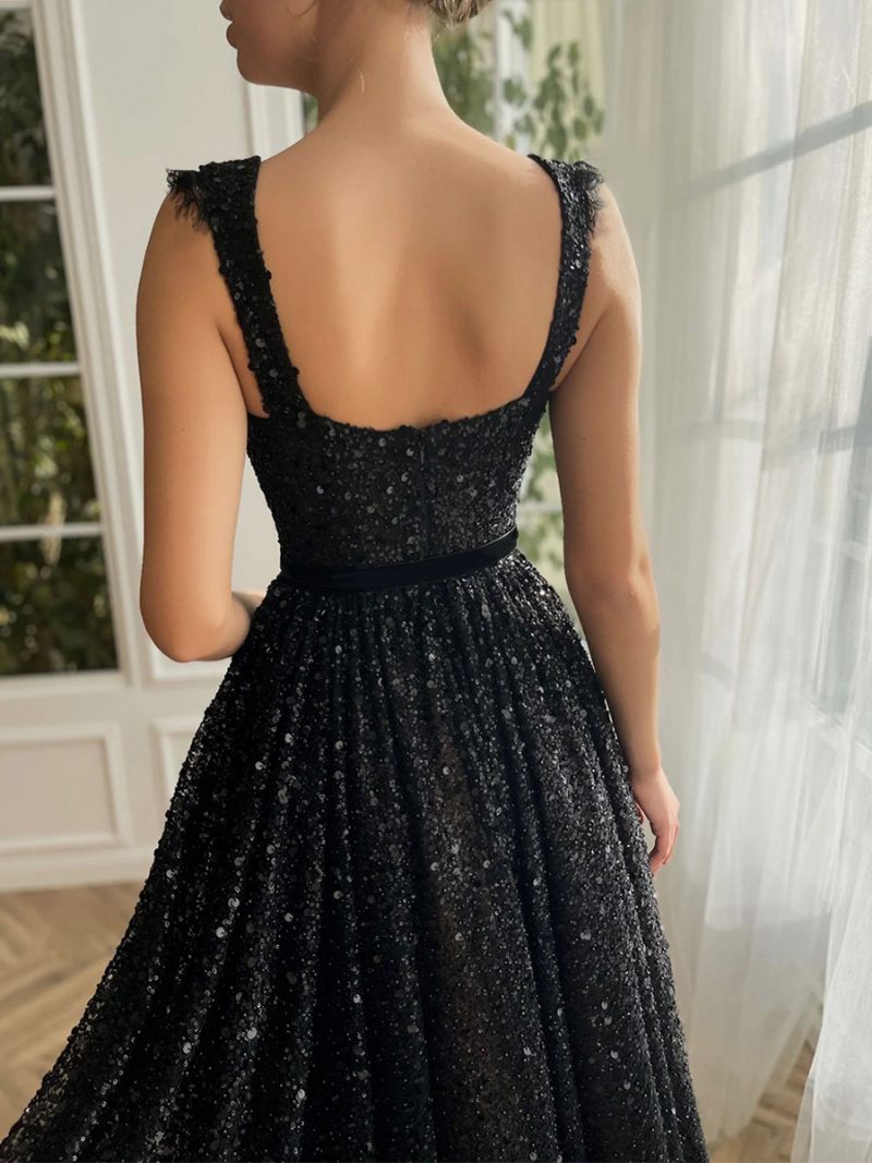 Robes À Paillettes Pour Femmes Col Cœur Dentelle Sans Manches Dos Nu Robe Bal Mi-longue - Noir