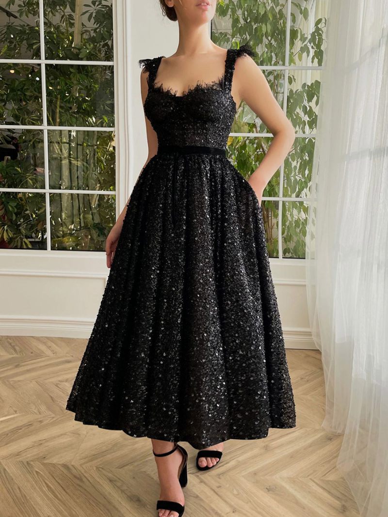 Robes À Paillettes Pour Femmes Col Cœur Dentelle Sans Manches Dos Nu Robe Bal Mi-longue - Noir