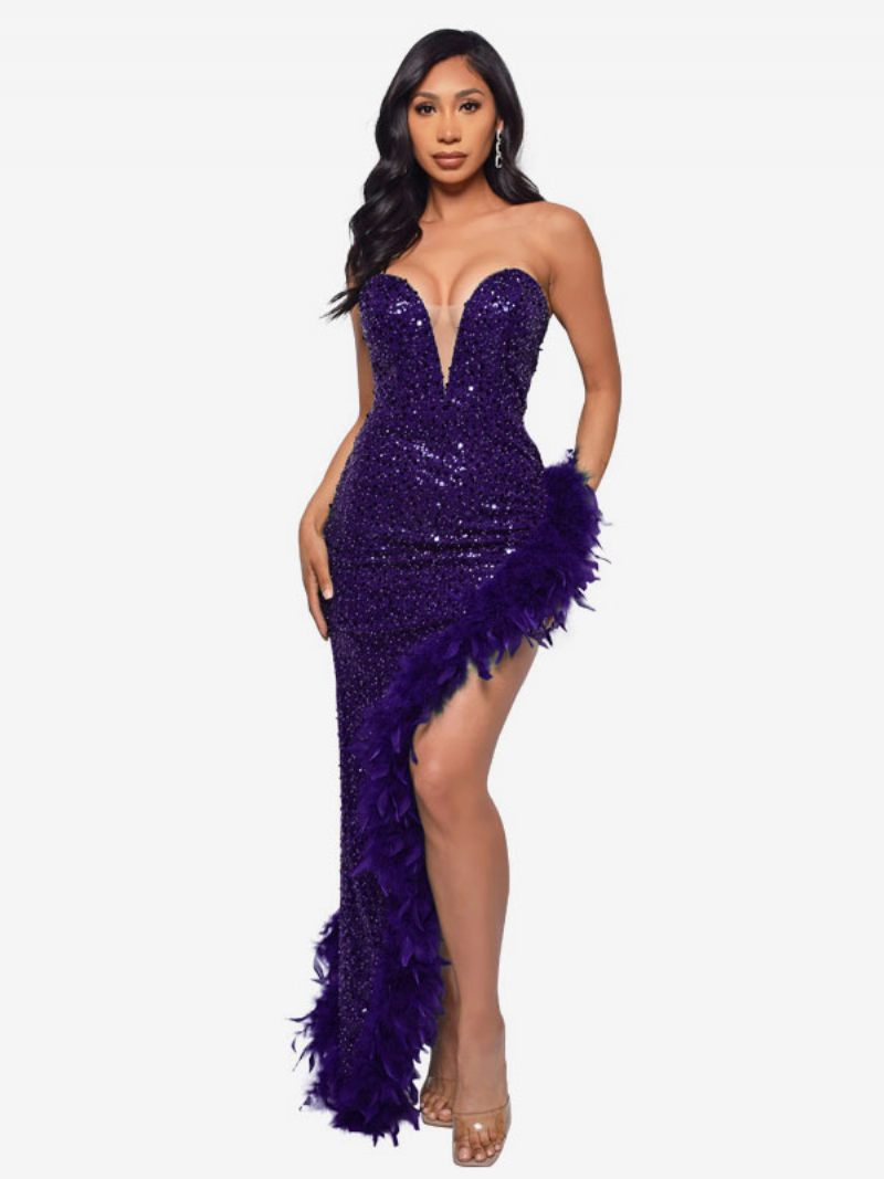 Robes À Paillettes Pour Femmes Sans Bretelles Plongeantes Dos Lacets Plumes Fête D'anniversaire - Violet