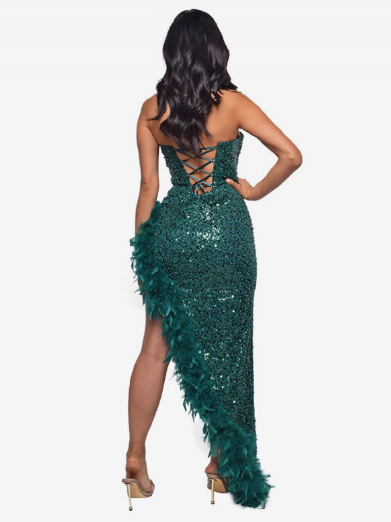 Robes À Paillettes Pour Femmes Sans Bretelles Plongeantes Dos Lacets Plumes Fête D'anniversaire - Vert Foncé