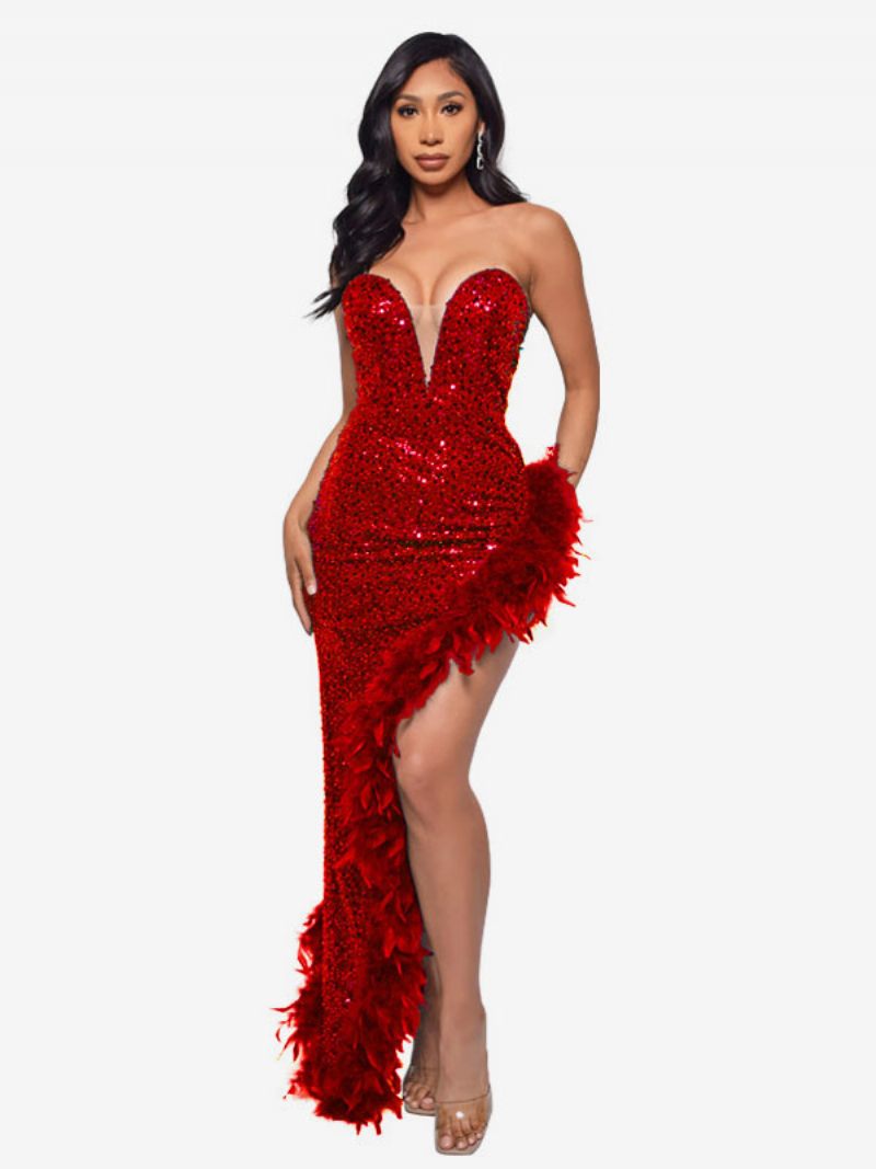 Robes À Paillettes Pour Femmes Sans Bretelles Plongeantes Dos Lacets Plumes Fête D'anniversaire - Rouge