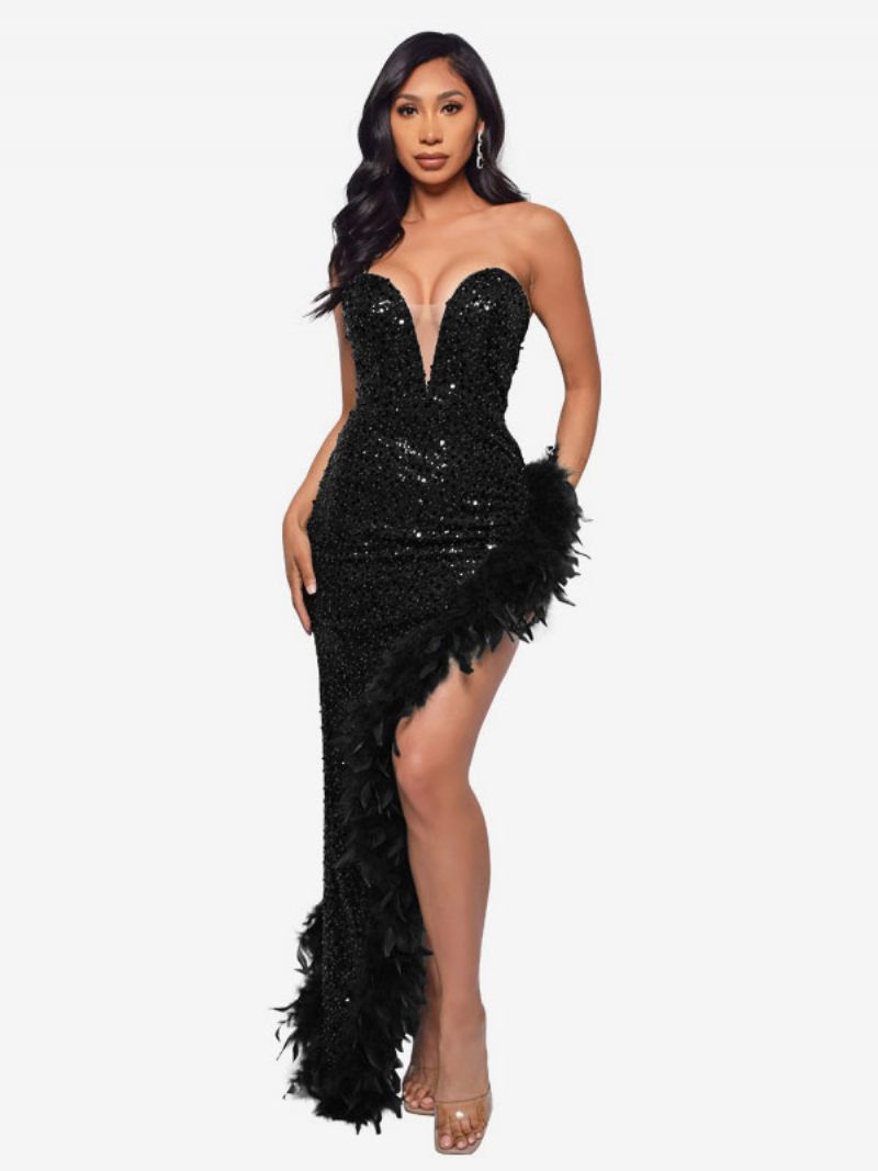 Robes À Paillettes Pour Femmes Sans Bretelles Plongeantes Dos Lacets Plumes Fête D'anniversaire - Noir