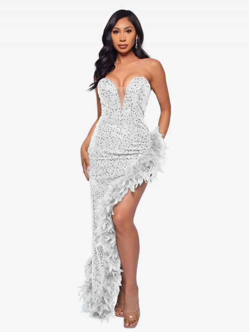 Robes À Paillettes Pour Femmes Sans Bretelles Plongeantes Dos Lacets Plumes Fête D'anniversaire - Blanc