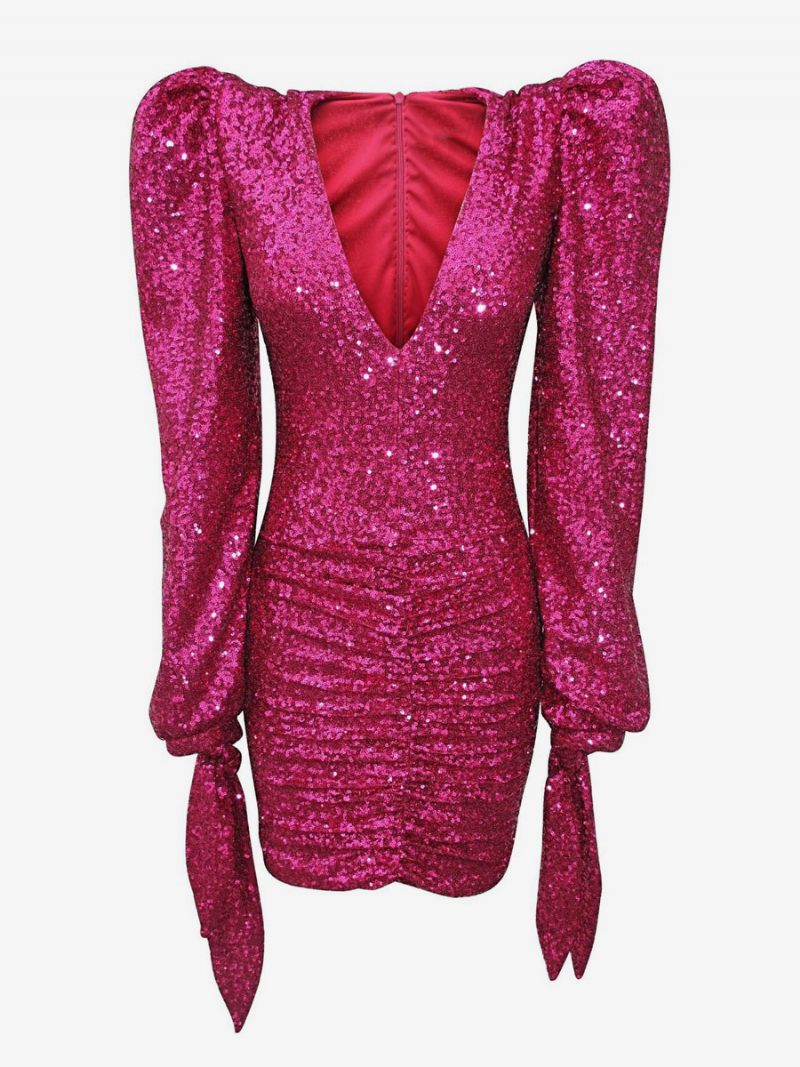 Robes À Paillettes Scintillantes Pour Femmes Mini Robe Plissée Et Épaules Audacieuses Fête D'anniversaire - Rose