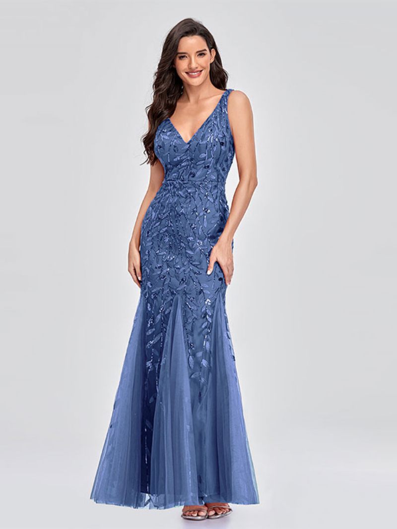 Robes Sirène Pour Femmes Col V Sans Manches Robe Longue Fête D'anniversaire Bal - Bleu Ciel Clair